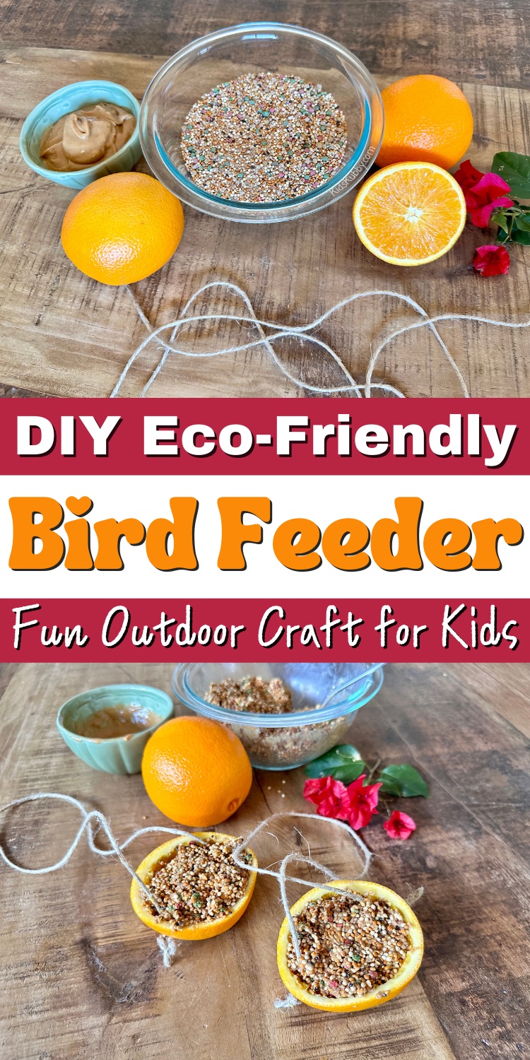 Are you looking for a fun bird craft to do with your kids? This DIY bird feeder is a great outdoor activity for toddlers and preschoolers! Not only is this homemade bid feeder fun to make but it is also eco-friendly and compostable! 2 thumbs up for protecting our planet and having fun! Have a peanut allergy? Omit the nut butter from the recipe and simply fill the orange with regular bird seed. I promise the birds will enjoy it just as much!