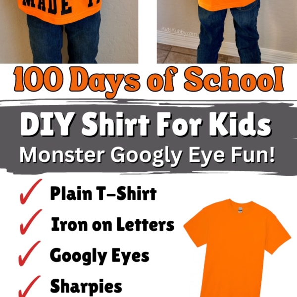 Are you looking for a school dress up day idea for the 100th day of school? This 100 days of school shirt with monster eyes is the cutest DIY shirt idea ever! Simple and cheap, this googly eye shirt is easy and fun to make with your kids. Start with any color plain t-shirt (I like to get mine at Michaels or Hobby Lobby), Draw a monster outline with sharpie, add 100 googly eyes and iron on some letters and you’ve got the best DIY 100 Days of school shirt for your kids!