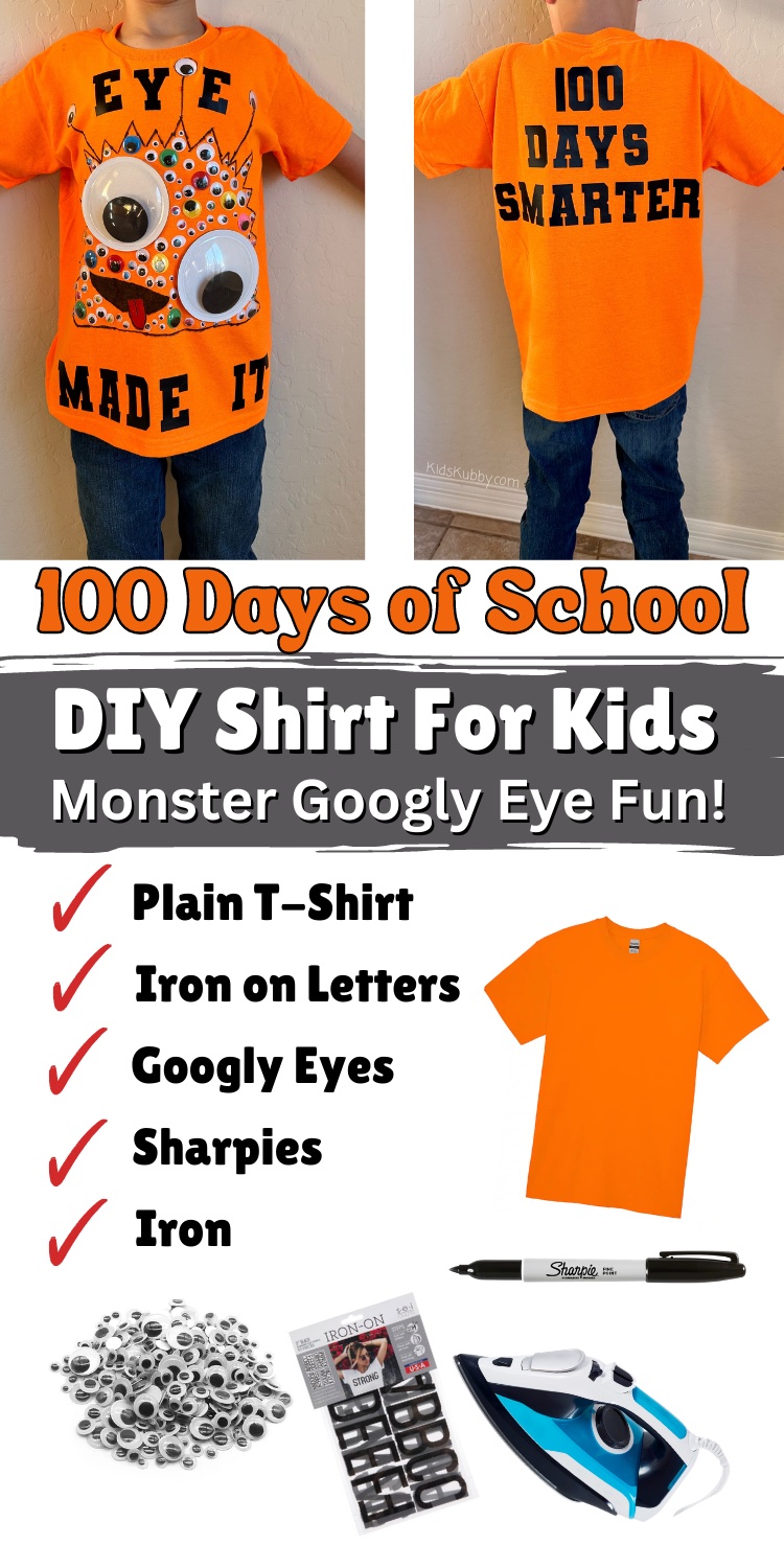 Are you looking for a school dress up day idea for the 100th day of school? This 100 days of school shirt with monster eyes is the cutest DIY shirt idea ever! Simple and cheap, this googly eye shirt is easy and fun to make with your kids. Start with any color plain t-shirt (I like to get mine at Michaels or Hobby Lobby), Draw a monster outline with sharpie, add 100 googly eyes and iron on some letters and you’ve got the best DIY 100 Days of school shirt for your kids!