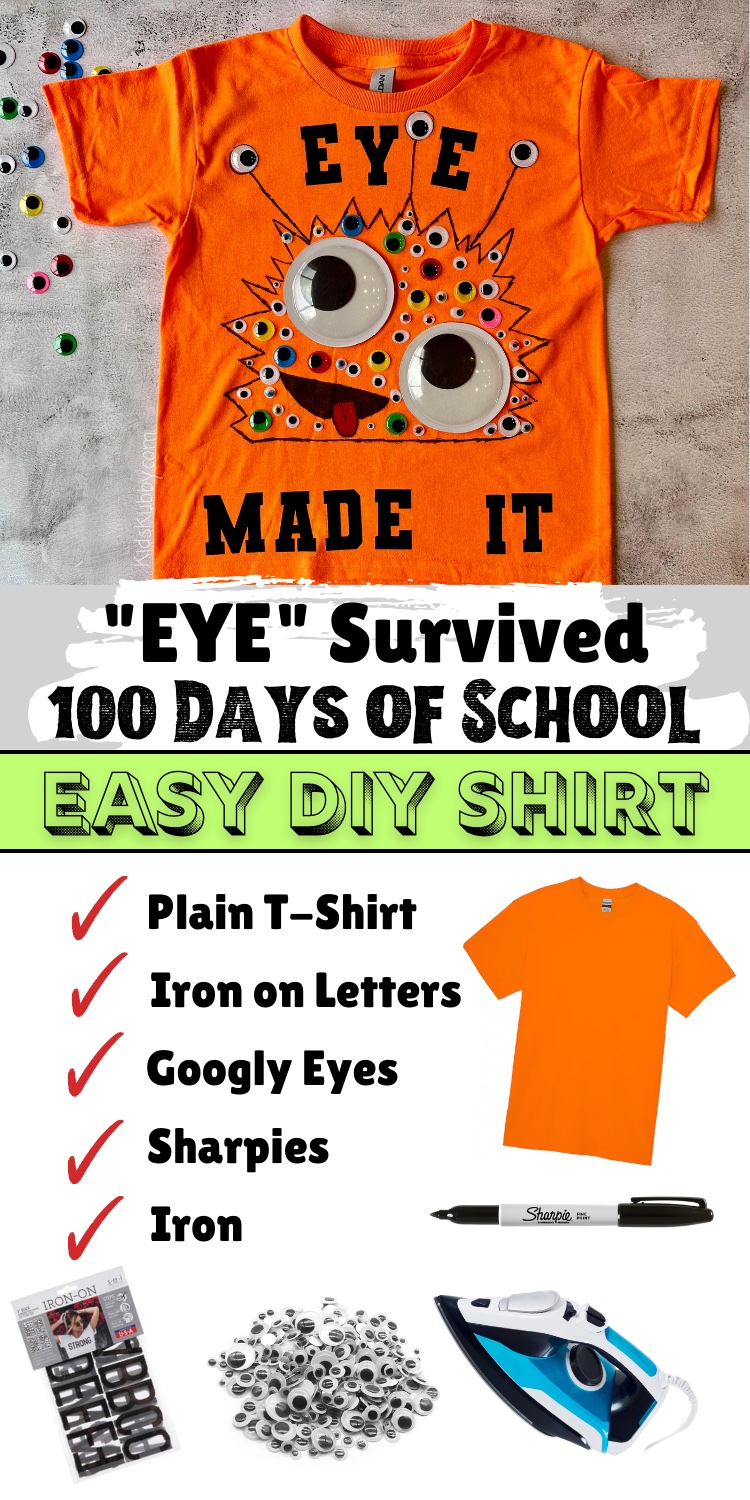 This is seriously the cutest DIY kid’s t-shirt for school dress up days! This googly eye monster shirt is a fun and easy project to make with your kids for the 100th day of school. With some cheap materials that you can order from amazon you can create an Eye Survived 100 Days of School shirt for your kids to wear to school. Just count out 100 googly eyes and let them decorate! So simple and fun. 