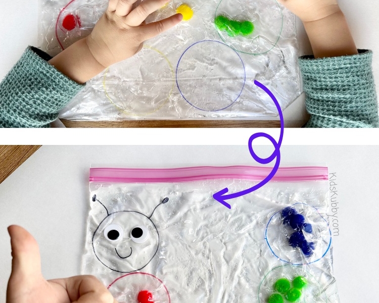 Check out how to make this fun caterpillar color sorting sensory bag at home today! I love this mess free activity for preschoolers because its cheap and only takes 5 minutes to put together. Plus, this sensory activity is reusable because the contents never get dirty! I love this caterpillar craft because it promotes color matching and fine motor skills. Make this easy sensory bag idea for kids today with supplies you probably already have at home!