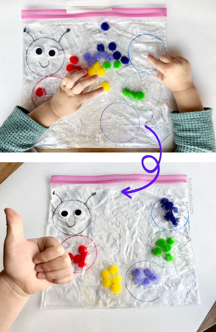 Check out how to make this fun caterpillar color sorting sensory bag at home today! I love this mess free activity for preschoolers because its cheap and only takes 5 minutes to put together. Plus, this sensory activity is reusable because the contents never get dirty! I love this caterpillar craft because it promotes color matching and fine motor skills. Make this easy sensory bag idea for kids today with supplies you probably already have at home!