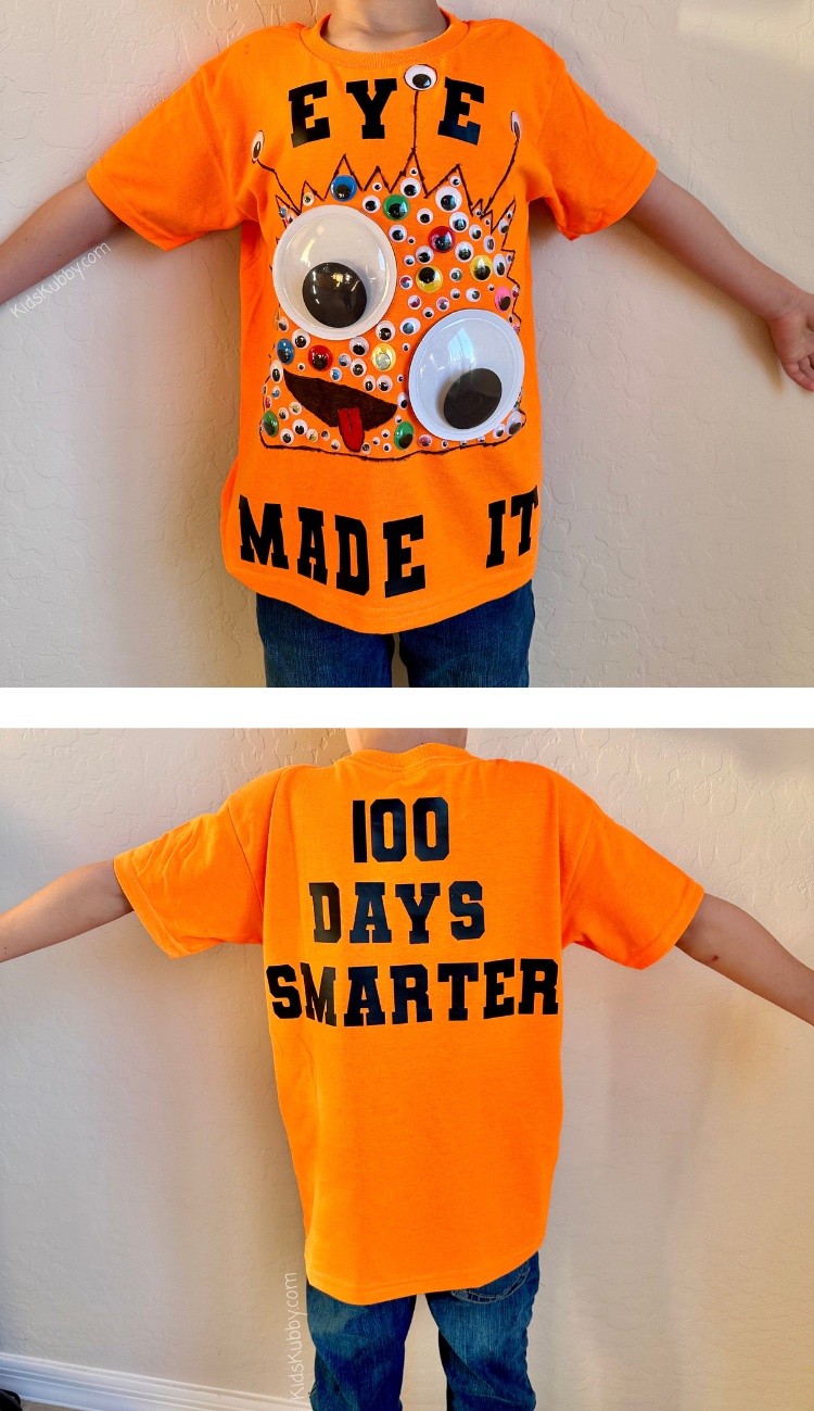 Wow, I love the Eye Made It 100 Days of School Shirt from KidsKubby! This adorable 100 days of school shirt is so easy to make, and it came out absolutely perfect. All you need is a plain t-shirt in any color, self-adhesive googly eyes, iron on letters and a marker to create the monster outline. We had so much fun making this silly DIY kids shirt together and it only took about an hour! instead of buying a shirt for school dress up day this year, try making a homemade 100 days of school shirt with your kids! 