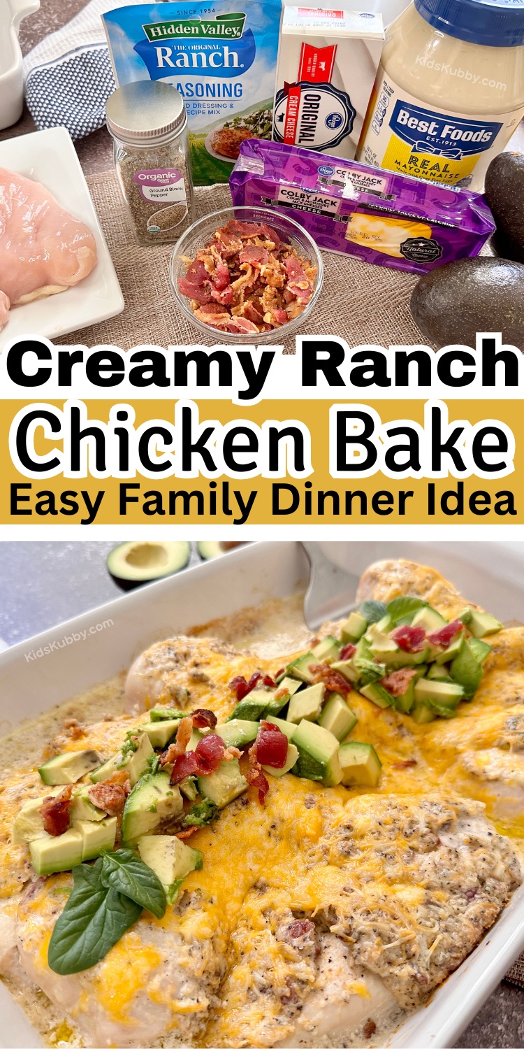 A quick and easy dinner recipe made with simple ingredients! Your entire family is going to love this recipe. It's kid friendly, but great for everyone! My family likes this creamy chicken served over rice with a side of broccoli, but it's super versatile and can go with just about anything. Simply smother a few chicken breasts with a mixture of cream cheese, bacon, shredded cheese, and ranch seasoning, top with more cheese, and bake! Garnish with fresh avocado and bacon bits.