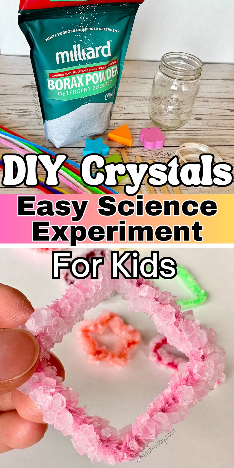 Homemade crystals using borax and pipe cleaners. Fun and easy science experiment for kids. Make in any shape and color! simple indoor activity for toddlers and preschoolers