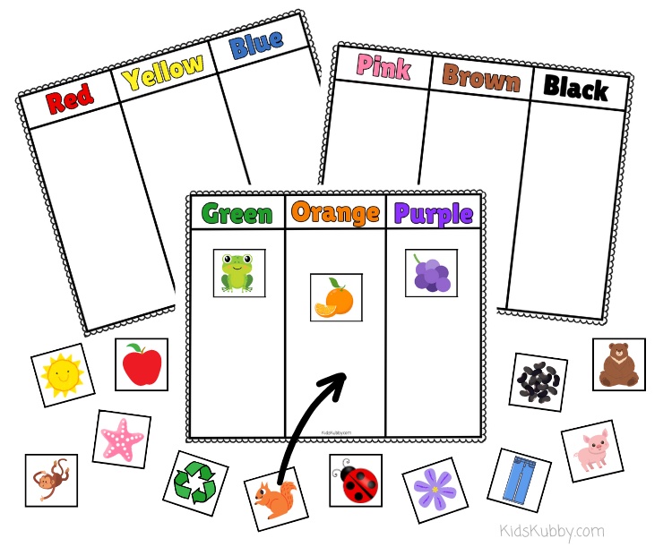 Free printout for color sorting mats. Kids can sort colors on 3 different pages while learning colors like red, yellow, blue and green, orange, purple, and pink, brown, black.
