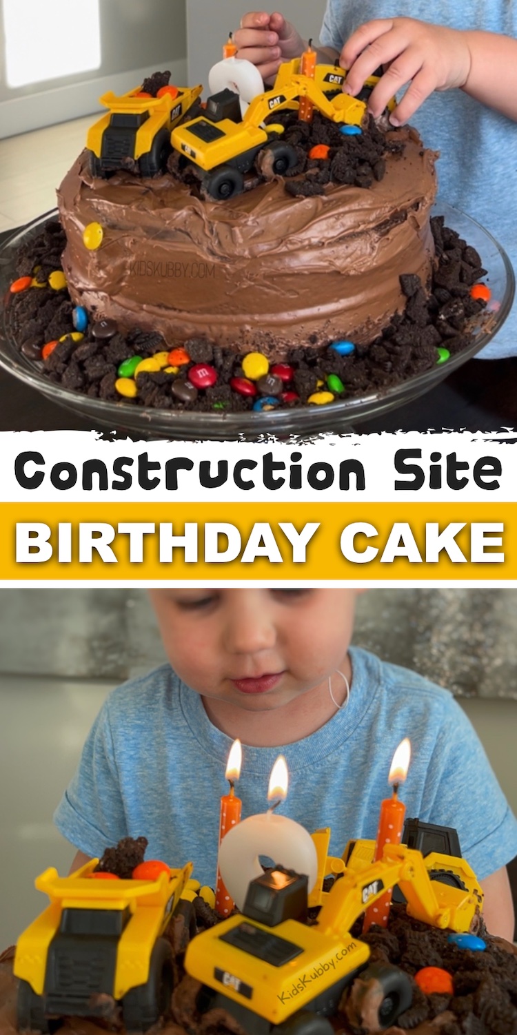 Homemade Birthday Cake Idea for Toddlers... a construction side themed chocolate cake using crushed Oreos, tractors and M&Ms! This DIY birthday cake is super easy to make and doesn't require any baking skills. It's suppose to look messy like dirt and mud! My 2 year old had so much fun licking the frosting off the trucks.
