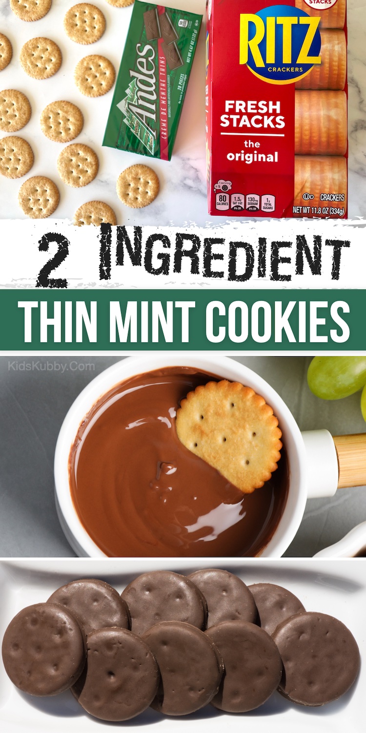2 Ingredient Thin Mint Cookies made with Ritz Crackers! These easy no bake treats are super fast to make with just a few basic ingredients, and simple enough for kids to make on their own! If you're a fan of Girl Scout cookies, you're going to love this copycat recipe. The Ritz crackers provide the perfect crunch, and the melted Andes chocolate has a refreshing creamy and minty flavor that pairs perfectly. The ultimate combination of sweet and salty!