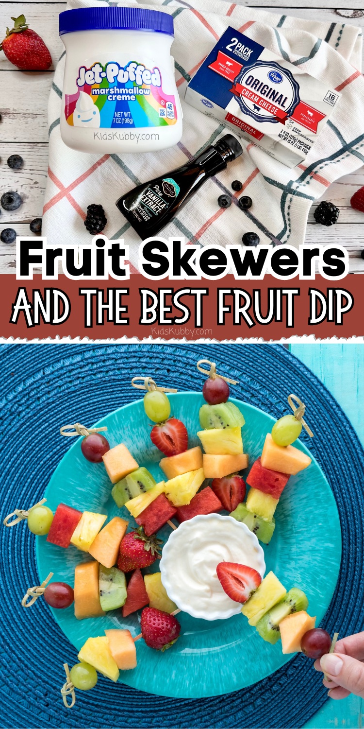 Fruit Skewers are the perfect snack for kids. Not only are they mess free but also delicious and full of nutrients for growing brains! My kids love to pick out their favorite fruits and create their own unique fruit skewer. Make snack time even more amazing with this best ever fruit dip! Combining cream cheese, marshmallow fluff, and vanilla creates the most delectable fruit dip. This is the best kids snack time recipe ever! 
