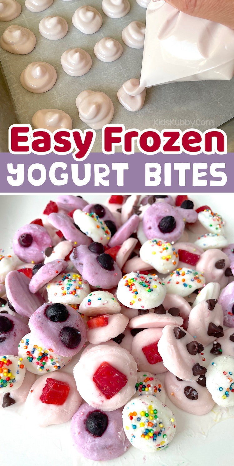Easy Frozen Yogurt Bites | A super yummy treat for kids! This healthy snack idea is quick and easy to make with just a few ingredients: yogurt and the toppings of your choice. They are like little bites of dessert, buy way healthier! Easy enough for kids to make by themselves. A great kitchen activity for when they have friends over. They really enjoy decorating them with chocolate chips, fresh fruit and colorful sprinkles.