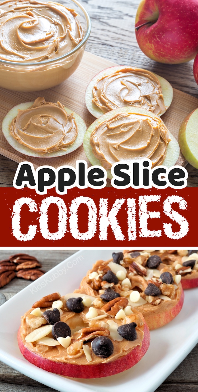 Fun and easy snack ideas for kids! These apple slice cookies are fast to make with just a few cheap ingredients that you probably already have at home... red or green apples, peanut butter or almond butter, plus the toppings of your choice such as chocolate chips, nuts or raisins. Super fun for kids to make!