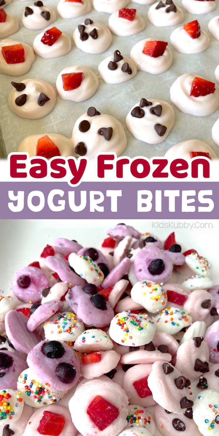 How to make frozen yogurt bites! Are you wondering how long you need to freeze yogurt to make this delicious sweet treat. About 2 hours and they are ready to eat! Just make yogurt blobs on a sheet pan covered in parchment paper, top with fun ingredients like fresh fruit or sprinkles, and then freeze. Place them in a Ziplock bag or freezer container for later. The most delicious homemade sweet snack! Fast and healthy to make with just a few ingredients. 