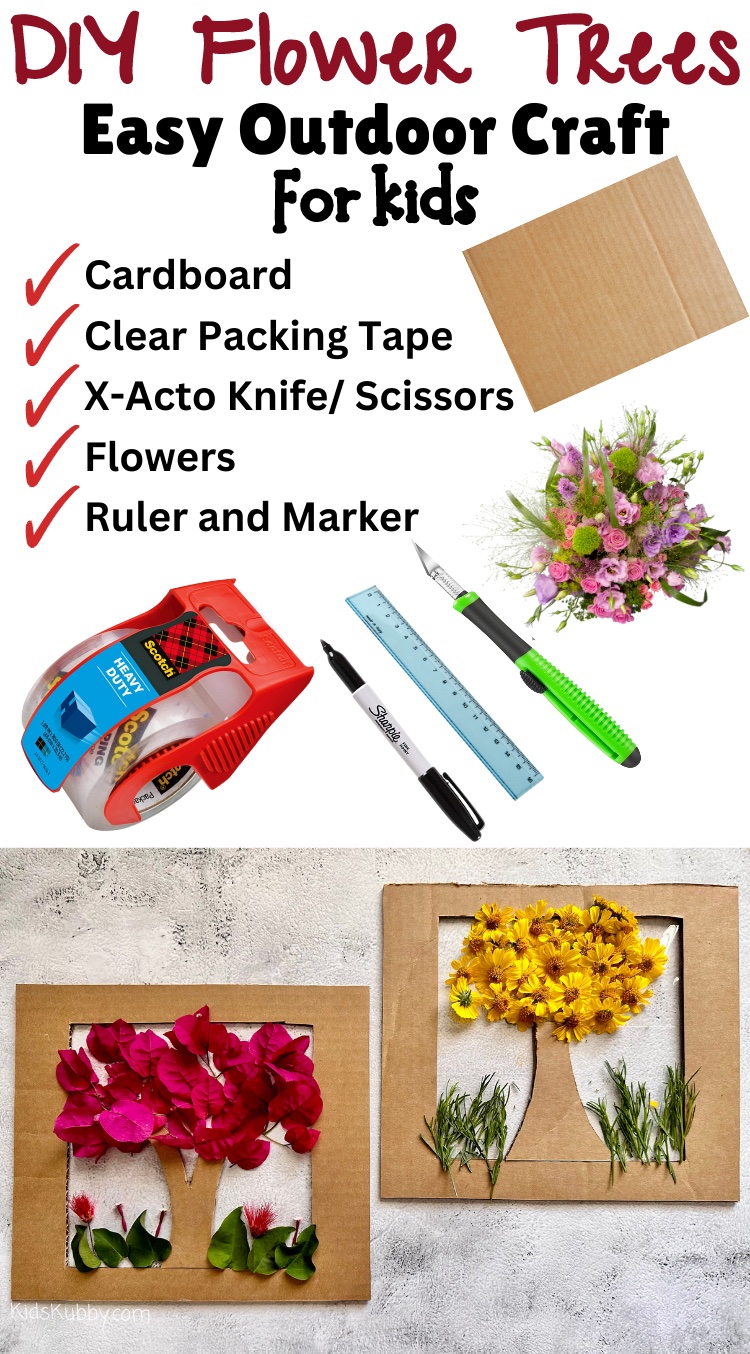 Have you ever made a nature board for your kids? This outdoor craft is so simple but kids absolutely love it! Using just cardboard, clear tape, and flowers your kids can create flower trees that are so pretty. Want to keep this craft forever? Try using artificial flowers instead and you’ll have a piece of recycled art that you can hang on your wall! 