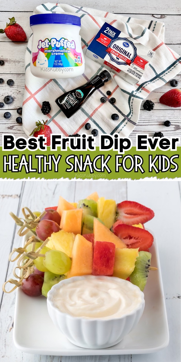 Fruit Skewers with cream cheese fruit dip is the perfect party appetizer! This fun recipe can be made in less than 10 minutes and is sure to be the hit of the party. With 3 simple ingredients: cream cheese, marshmallow crème, and vanilla, you can make the most delicious fruit dip ever! Fruit skewers are also a fun and mess free way to serve fruit at your party. Give this yummy recipe a try today!