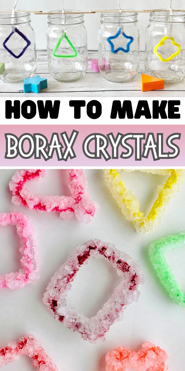 These crystal shapes made from pipe cleaners and a simple borax solution are SO COOL. And they're so simple to make! Leave them for a few hours and crystals magically form! With a few simple ingredients and just a couple of minutes in prep time, you can create fun and beautiful homemade crystals that are sure to wow your kids. You can make any shape and color crystals that you like. This indoor activity for kids is a MUST!