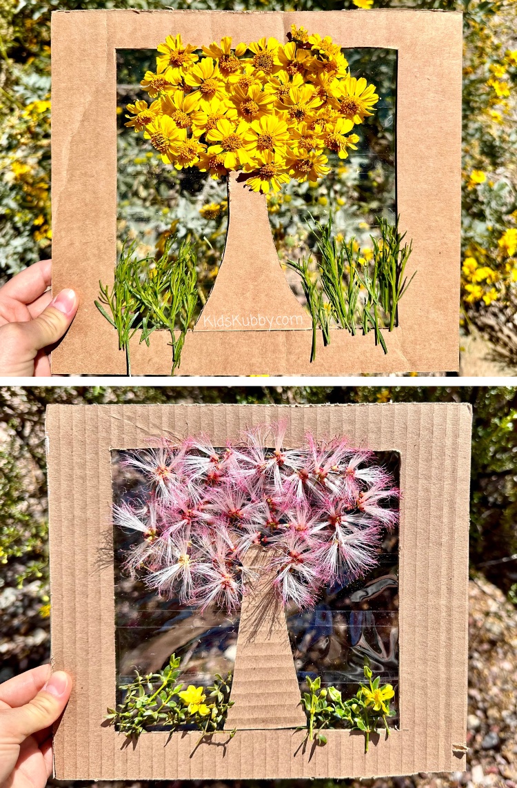 Why is getting kids to go outside sometime so hard? Well not anymore! Your kids are going to beg to head outside to make recycled flower trees out of cardboard and clear packing tape! You can make a ton of these nature boards in just a few minutes and your kids can enjoy exploring outdoors making pretty flower trees. Challenge your kids to make as many different combinations of flowers, leaves and sticks that they can find. This really is a super fun nature craft for kids. 