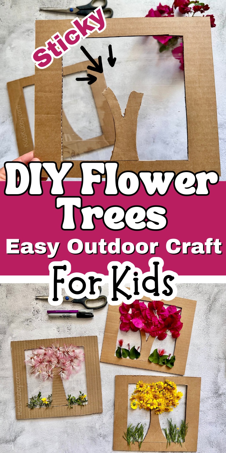 My kids absolutely loved this outdoor nature craft. I started by making a frame out of cardboard, covered the frame in clear packing tape, and let my kids create fun art out of foliage in my back yard! This is such and fun activity for kids and I love that it is so cheap to make! Instead throwing that amazon box in the recycling bin, turn it into upcycled art for kids! 