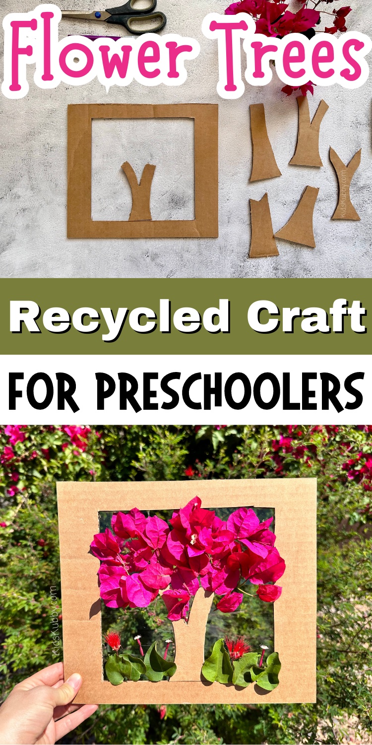 Why is getting kids to go outside sometime so hard? Well not anymore! Your kids are going to beg to head outside to make recycled flower trees out of cardboard and clear packing tape! You can make a ton of these nature boards in just a few minutes and your kids can enjoy exploring outdoors making pretty flower trees. Challenge your kids to make as many different combinations of flowers, leaves and sticks that they can find. This really is a super fun nature craft for kids. 