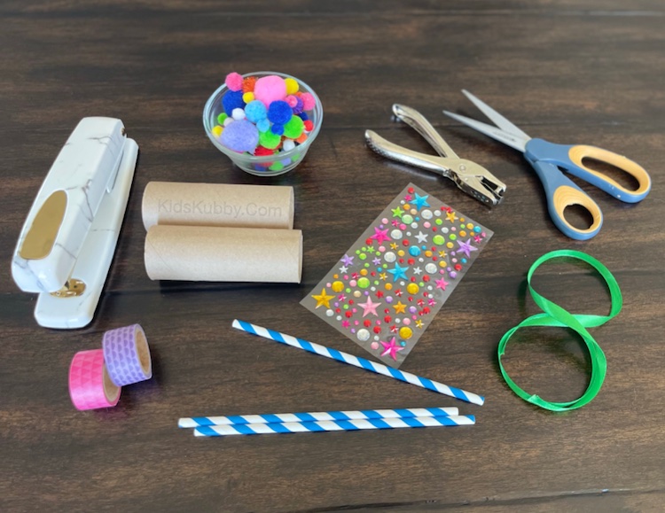 Toilet Paper binoculars are easy to create. Using toilet paper rolls, pom poms, washi tape, paper straws, stickers, and ribbion. Kids can make them look more realistic or as colorful as they want. They are great for pretend play or playing ispy at the park!