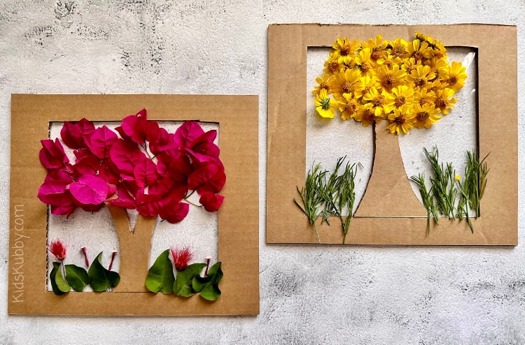 DIY Flower Trees using cardboard and clear tape is a fun and cheap activity for kids. I love this recycled craft because it’s easy to set up and it gets my kids out of the house. Once you make a frame out of an old cardboard box, simply cover one side in clear packing tape and have your kids use flowers, sticks, and leaves to create a mini tree! This easy craft is pretty hanging in a window or on the wall. 