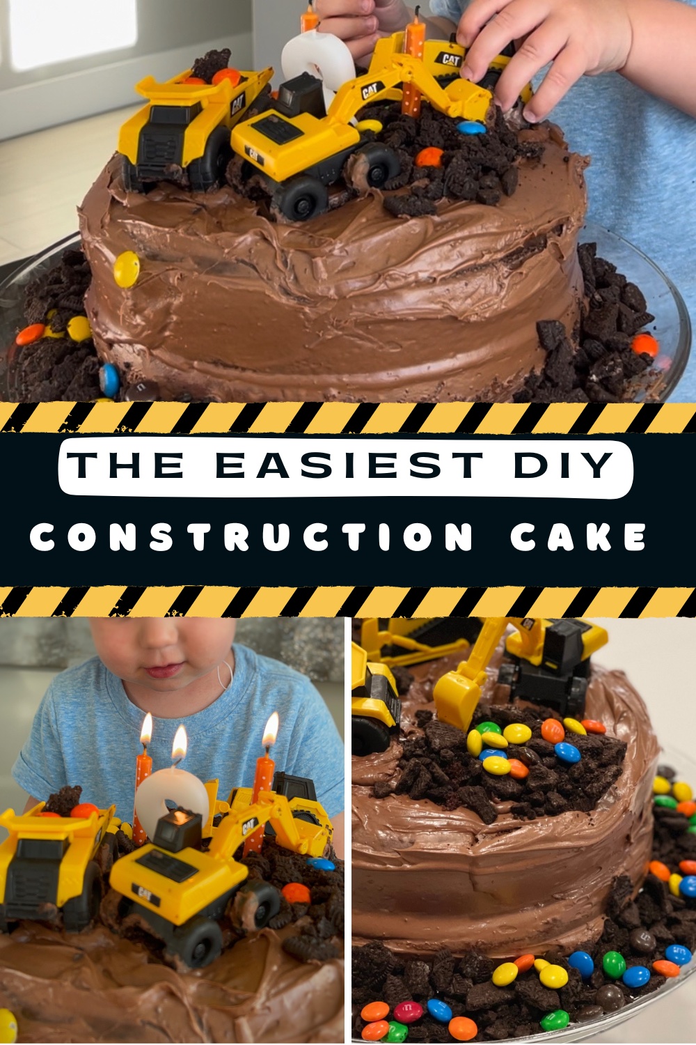 This quick and easy homemade birthday construction site cake is a hit with little boys! My 2 year absolutely loved it. It's so simple to make and impossible to mess up. It's basically just a chocolate cake sprinkled with crushed Oreos with a few toy tractors cleverly placed to make it look like a construction site. You can also add candy such as M&Ms for added color and fun.