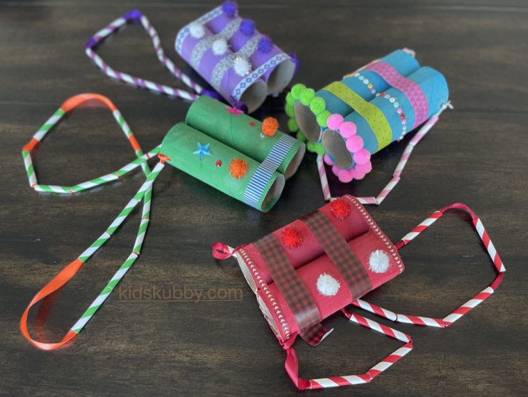 Toilet Paper Roll Binoculars | A fun cheap activity for kids using toilet paper rolls! Let your kids get creative with stickers, pom poms and washi tape. So easy and fun! Plus when finished they can be used for exploring outside!