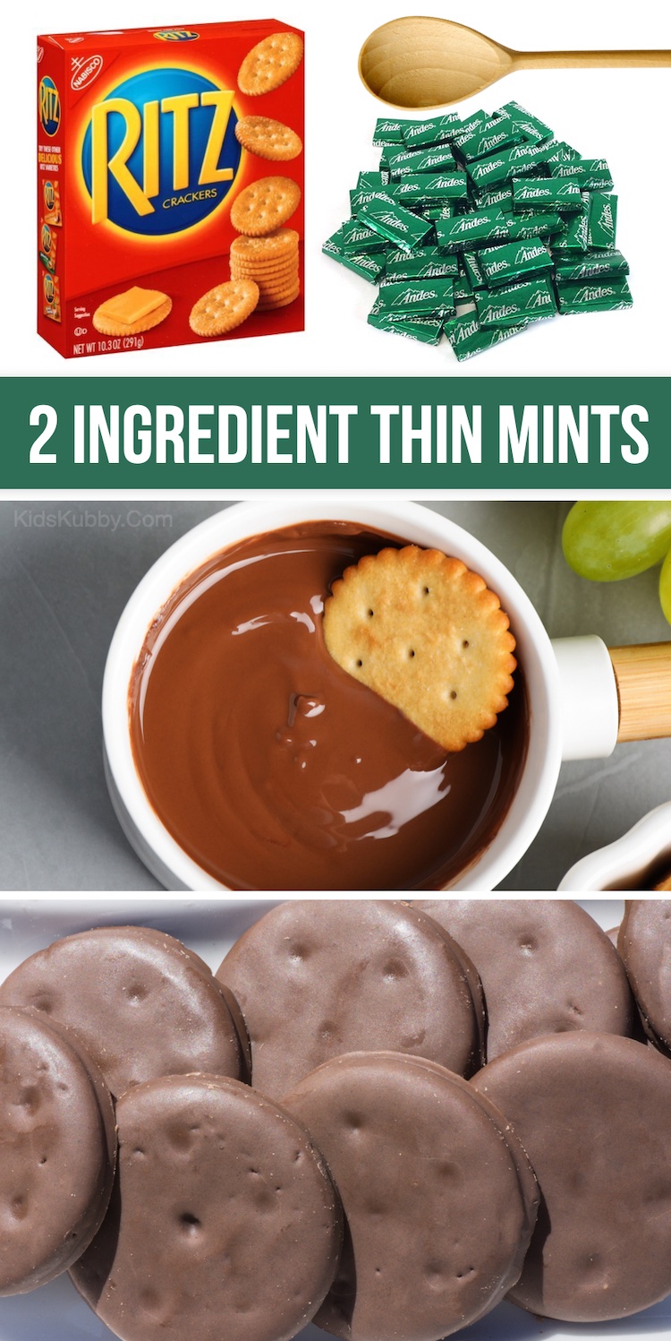 2 Ingredient Thin Mints | This copycat Girl Scout cookie recipe is so easy to make with just a few ingredients: Ritz crackers and Andes mint chocolate. The best no bake homemade treats! My kids love these crunchy and creamy cookies. A wonderful treat to make at home on a lazy Sunday when you're craving desserts. They taste just like the real thing! 