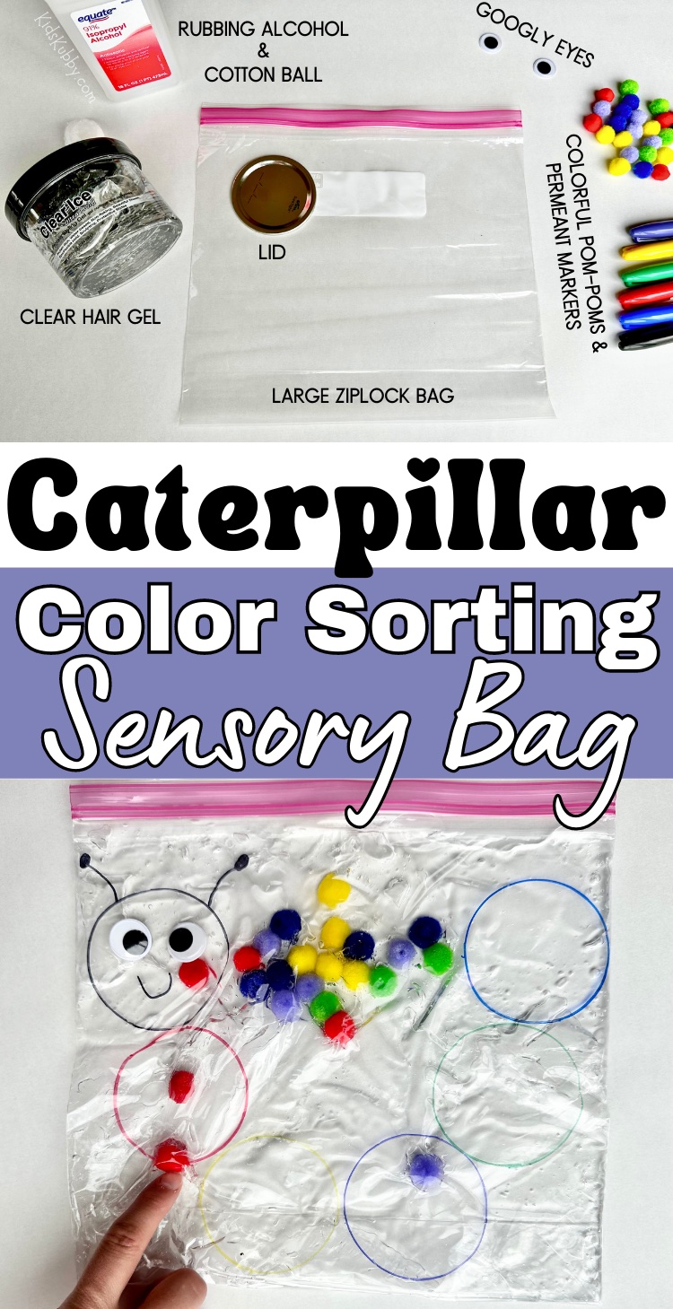 Are you looking for a simple to make sensory activity for your kids? You have to make this adorable caterpillar color sorting sensory bag. This sensory bag idea is perfect for toddlers and preschoolers who are learning their colors, but it’s also fun for kids of all ages. Use this sensory activity for babies to increase their fine motor skills while they squish the pom-poms in the bag. Try making this caterpillar craft with your older kids and using it for quiet time or as a calming activity. Heck, I even loved playing with this easy to make sensory bag! 