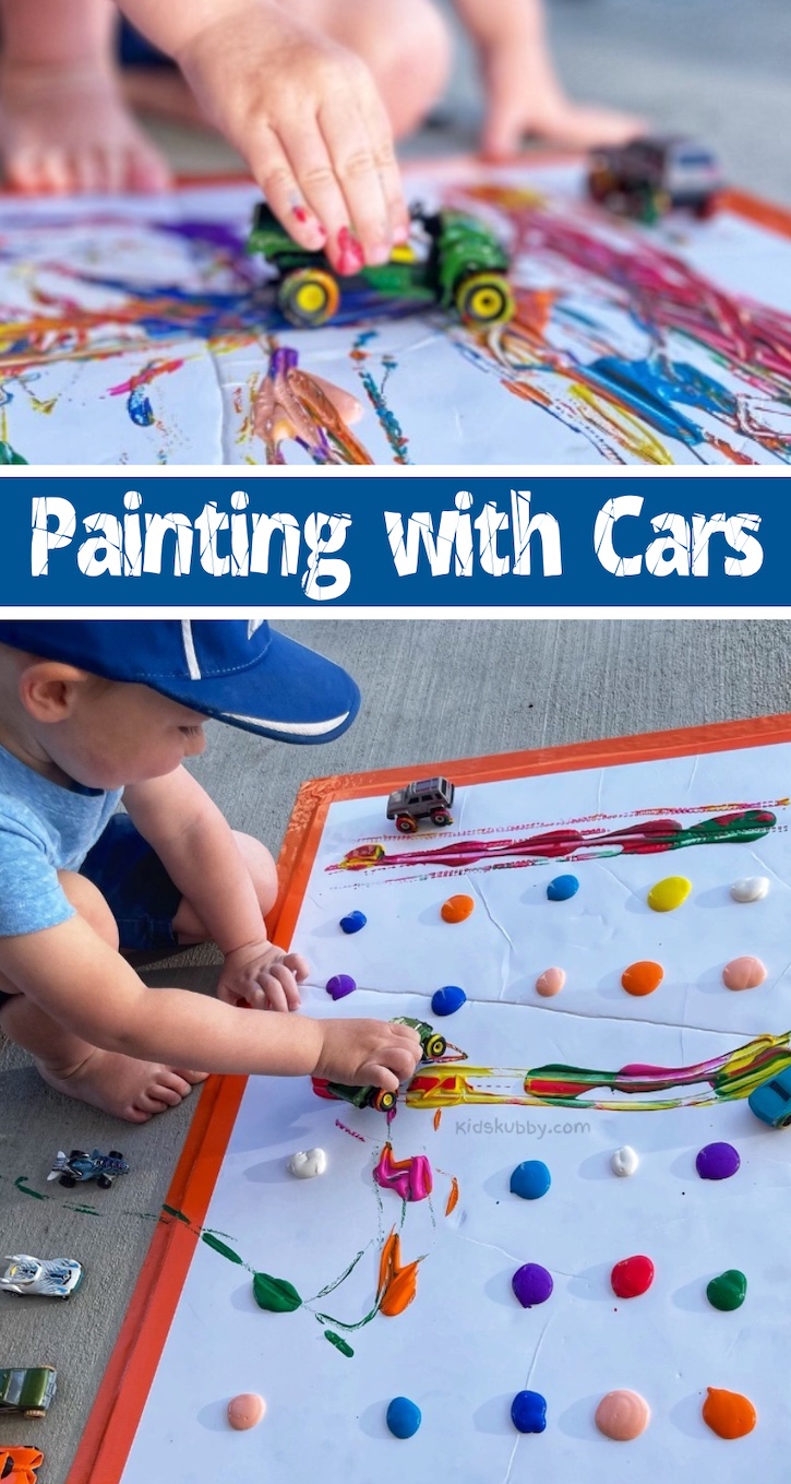 Are you looking for outdoor activities for kids? My 2 year old had a blast painting with cars! Such a fun and easy art project for kids of all ages, especially boys who have a ton of little toy cars and trucks at home.