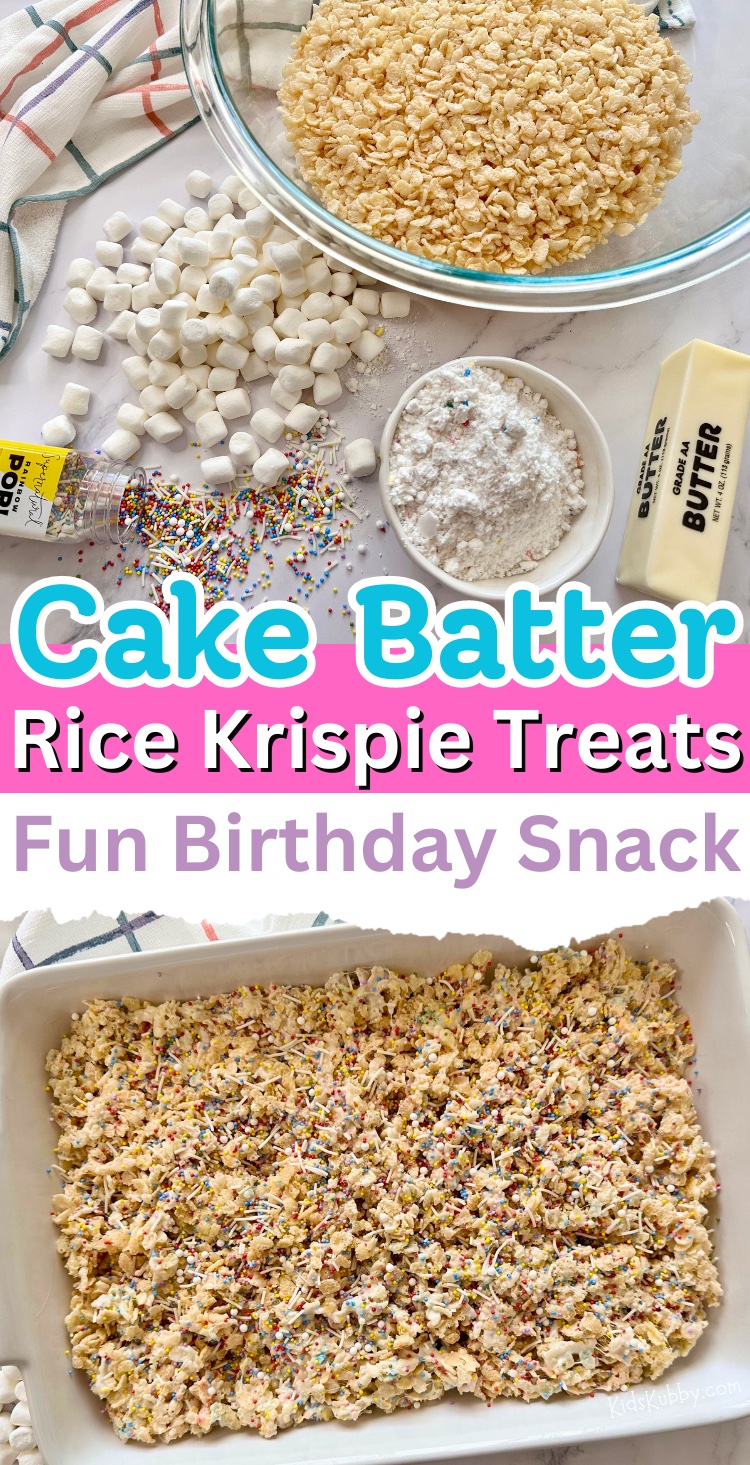 A quick and easy dessert recipe that will surely impress your family and friends. Everyone will be begging you for the recipe, and they'll be surprised at how simple this delicious homemade dessert is to make with just a few ingredients: crispy rice cereal, butter, marshmallows, dry cake mix, and rainbow sprinkles for a dash of fun! So yummy. The combination of these treats is like heaven in your mouth. The best dessert in the world, seriously! Great for birthday parties and bake sales, too.