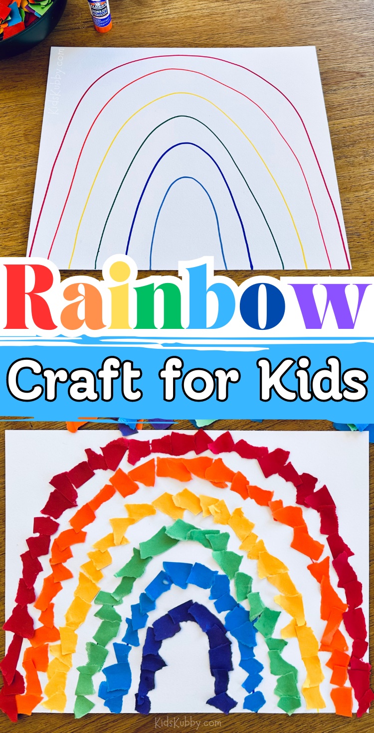 Fun and easy crafts for kids to make when bored at home! This pretty construction paper rainbow is so simple to make with cheap supplies that you probably already have. A super creative craft project for preschoolers! Full tutorial included on how to make this rainbow craft for kids. 