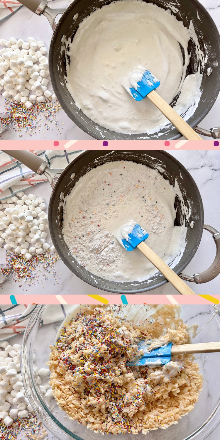 A quick and easy marshmallow dessert recipe that will surely impress your friends and family! If you’re a fan of the classic rice krispie treat, then you are going to go crazy over these cake batter rice krispie treats. They are incredibly quick and easy to make thanks to boxed cake mix, crispy rice cereal, and marshmallows. A family favorite treat! Cheap and simple to make with just a few ingredients.