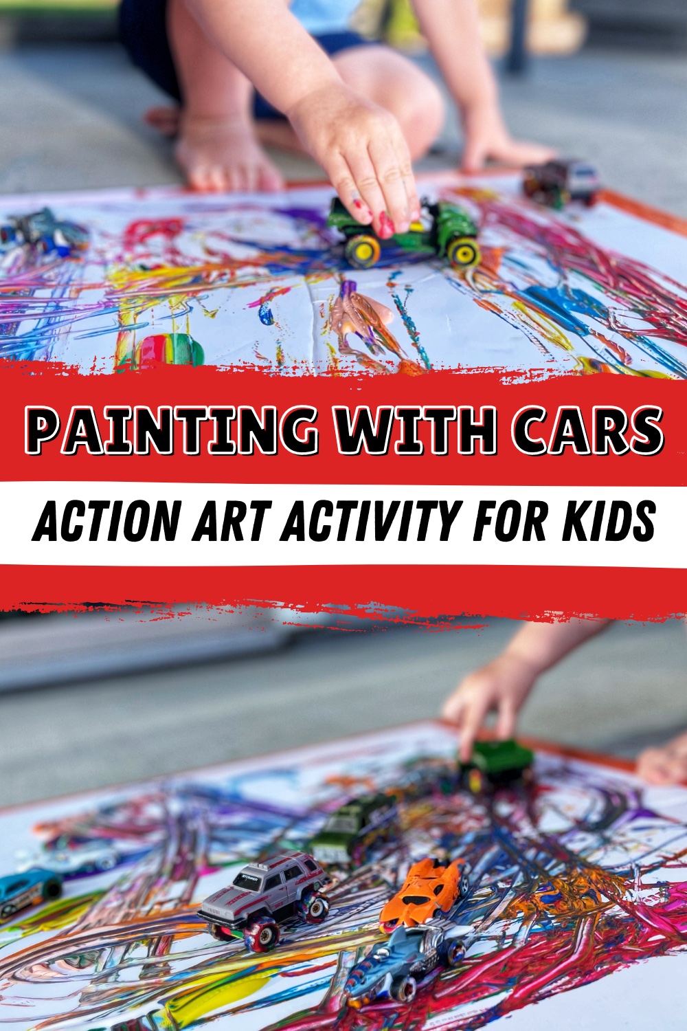 Are you looking for a fun and creative art activity? Look no further! This super easy activity only requires a few supplies that you probably already have at home: washable paint, poster board or cardboard, and toy cars. Your kids will have so much fun driving their cars in and around the paint making their own little art master pieces. 