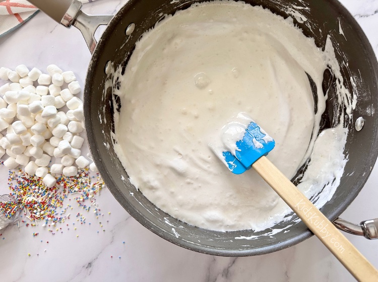 A quick and easy dessert idea that requires no baking. Simply melt some marshmallows and mix with dry cake mix and crispy rice cereal. This simple no bake dessert takes less than 10 minutes and is oh so delicious! You will surely impress family and friends with this twist on a classic treat. My kids especially love this gooey and buttery dessert. Cake batter rice krispie treats are also great for birthday parties or as an after school snack for kids.