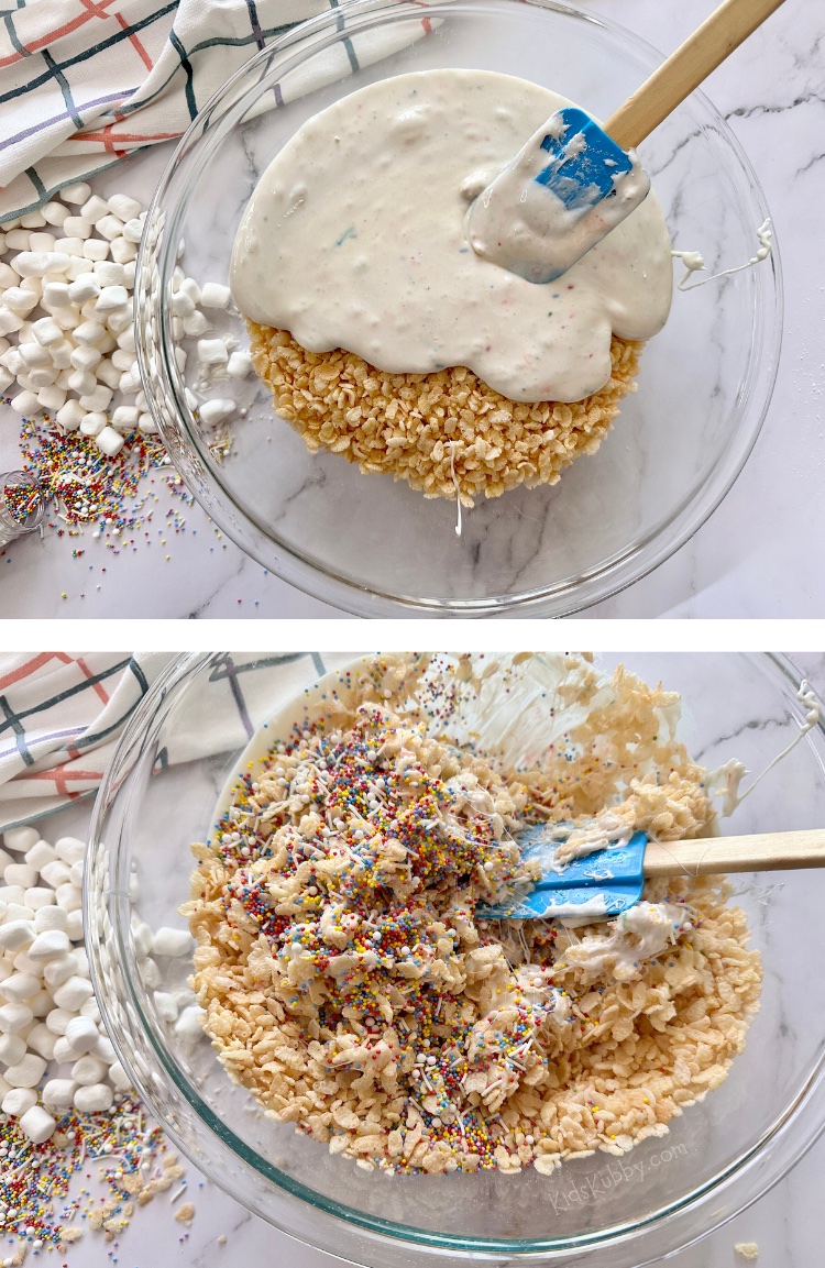 Easy no bake treats for school bake sales! Turn up your next event with this delicious, easy, and cheap recipe for cake batter rice krispie treats. With just a few simple ingredients you are sure to impress with a new twist on this classic recipe. Customize this easy dessert recipe with your favorite brand of cake mix and sprinkles. My kids especially love these little individual squares of heaven! 