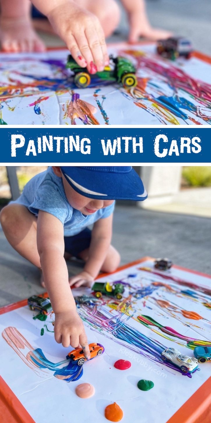 This fun and easy art project is great for kids of all ages, and a clever way to get them outside! This is one of our new favorite outdoor activities. Painting with cars! A creative art project.