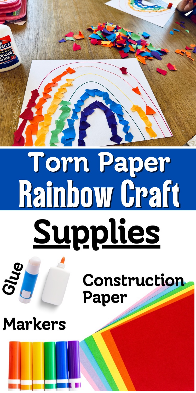 Are you looking for easy crafts to do at home? You probably already have the supplies to make these beautiful torn paper rainbows! This creative project is perfect for toddlers and preschoolers. This lovely DIY rainbow also makes for an awesome way for kids to learn their colors! Who doesn’t love a craft idea with a 1-2 learning punch! 