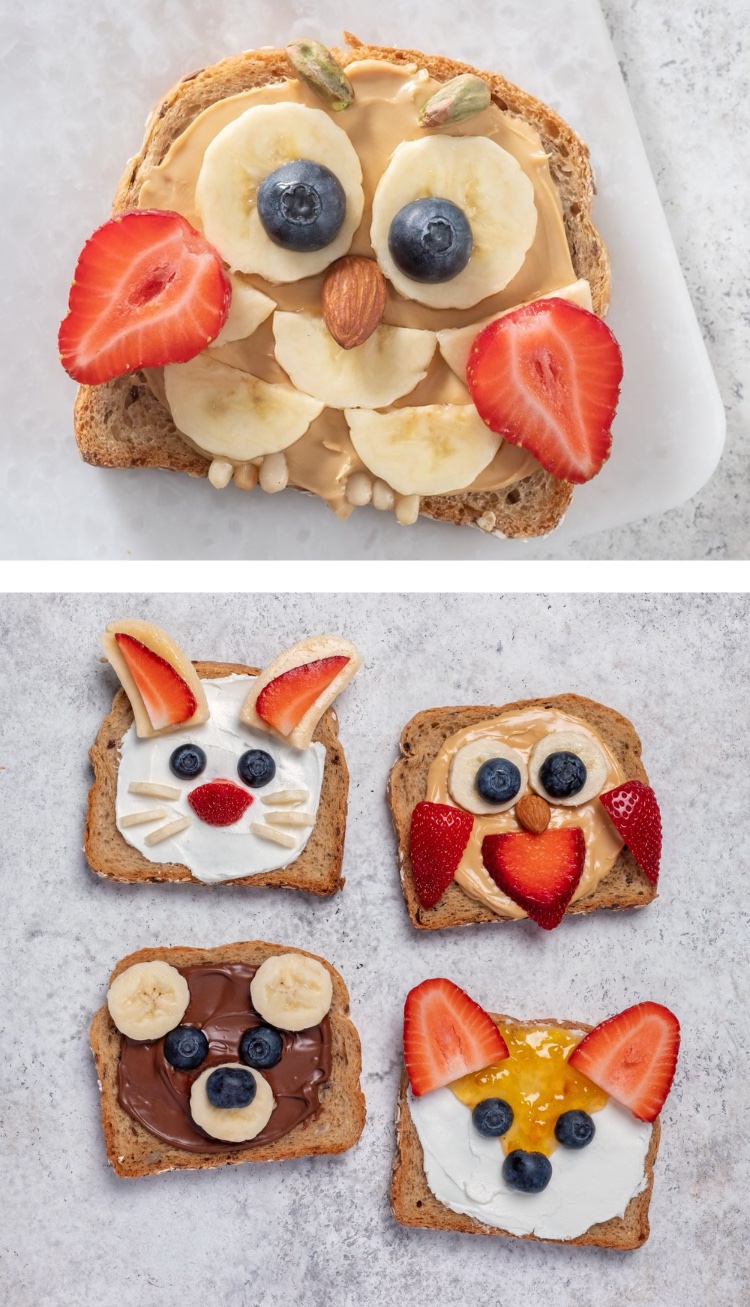 The cutest breakfast and snack you'll ever make with just toast, fruit and a delicious spread like peanut butter, cream cheese or Nutella. Toddlers and kids love this super fun and creative food idea! This adorable animal toast is also rather healthy and cheap to make with simple ingredients that you probably already have at home.