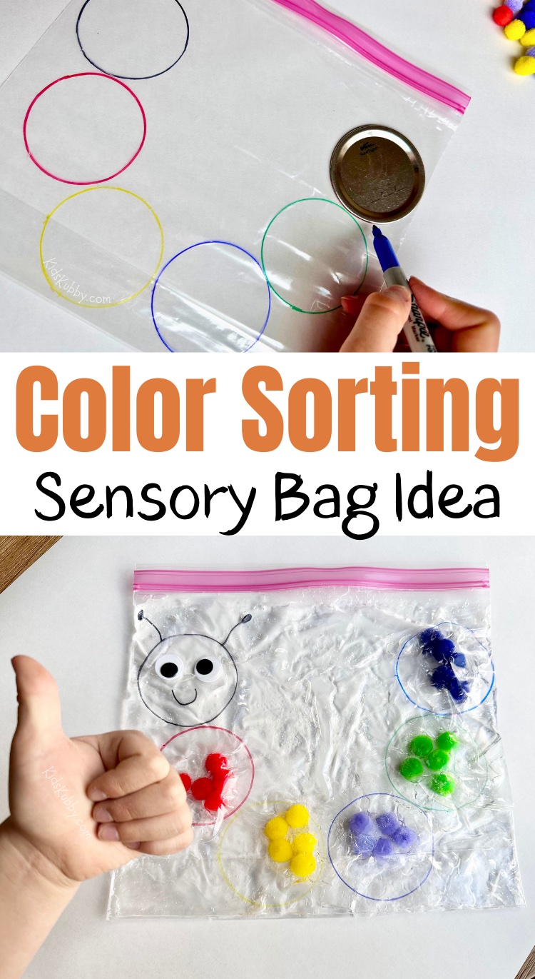 Looking for an easy sensory play idea for kids? Try making this adorable caterpillar color sorting sensory bag. This sensory toy is perfect for teaching color matching and practicing fine motor skills. Plus, kids love to squish the little pom-poms all over the bag. I love this activity for kids because it is mess free and budget friendly. I mean you probably already have the supplies you need to make this fun caterpillar craft at home!