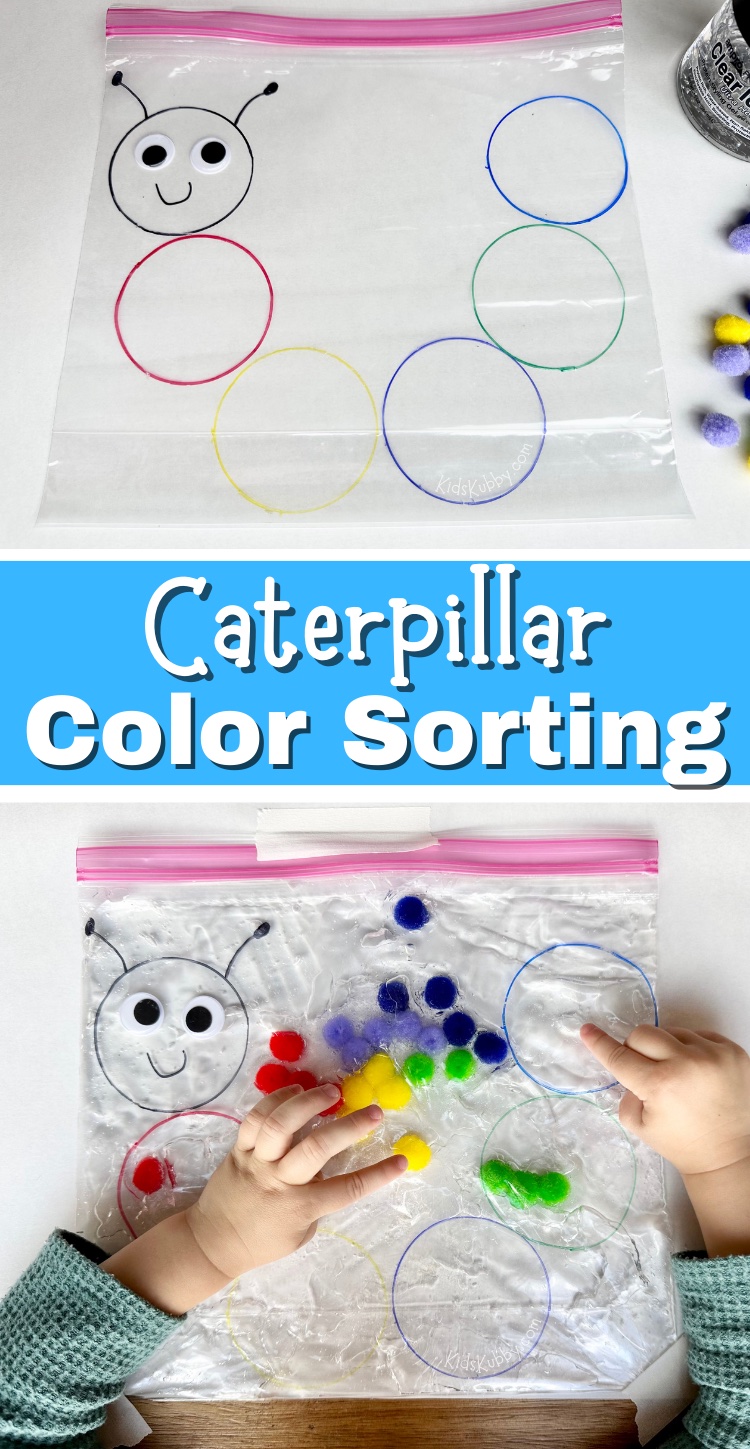 Check out this simple to make caterpillar craft idea for toddlers and preschoolers! This easy craft combines color sorting, fine motor skills and oh so much fun for kids. This is the perfect mess free indoor activity for rainy days or quiet time. Plus, you probably already have all the supplies and can make this sensory bag in less than 5 minutes. Give it a try today! 