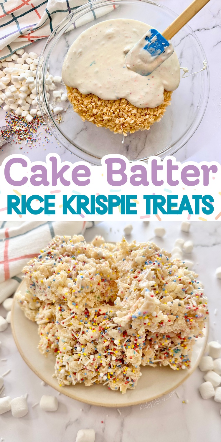 Are you looking to impress your family with a delicious homemade dessert, but you don’t want to spend all day in the kitchen? Look no further! These cake batter rice krispie treats are super quick and easy to make with very few ingredients, but they taste like ooey gooey HEAVEN! Seriously, the best dessert ever. If you love cake batter and marshmallows, this is the best combination of the two. They are gooey, buttery, and totally addicting. My family loves them! Especially my marshmallow loving kids.
