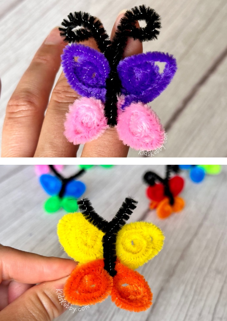 Looking for easy pipe cleaner crafts for kids? My girls love making these pipe cleaner butterfly rings! With just a couple of pipe cleaners kids can make pretty butterfly rings in every color and it only takes a couple of minutes.  They are so cute for any spring project. A great boredom buster for when they are stuck at home. Cute little gifts, too. Don’t you just love low mess crafts?! DIY Butterfly Crafts for the win! 