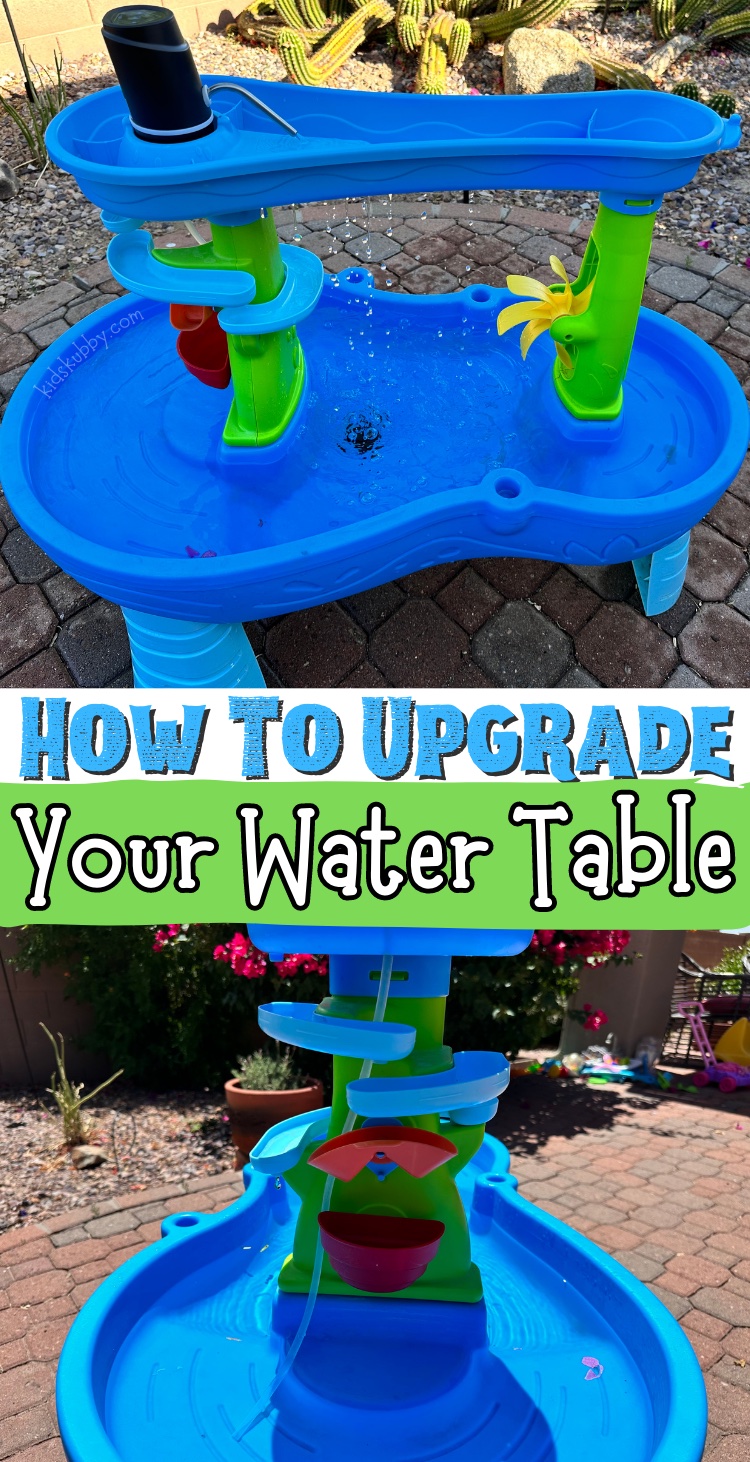 What time is it? SUMMERTIME! It’s our vacation and we don’t want to spend that vacation constantly pouring water into the top of our kids’ water table. I love a good water table, but it seems like one of my kids is always complaining that they can’t keep the water flowing out of the top portion. Well, here is the solution. The best water table hack ever! With a cheap pump from amazon and 5 minutes you can create a fountain oasis that will keep your kids happily playing for hours!