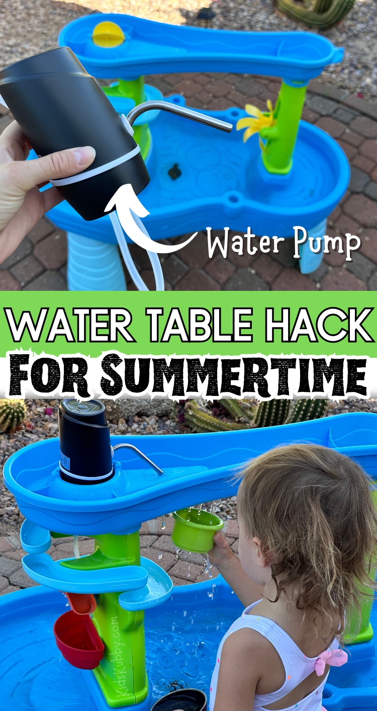 Ok, I’m about to change your life! This water table upgrade is so simple and fast but makes a huge difference. With a cheap water pump and 5 minutes, you can create a water activity that will keep your kids entertained for hours. Perfect for toddlers and preschoolers and let’s be honest older kids too. When they see how fun the water table is now, they won’t want to miss out. Create summer memories with this amazing mom hack! It’s so easy your kids can even help upgrade their water table with you.