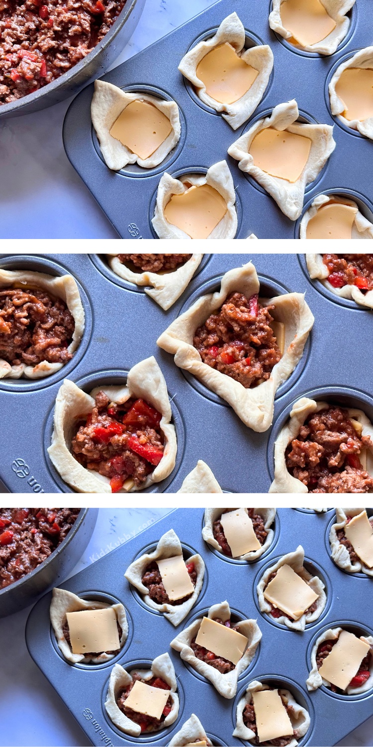 Are you looking for fun and easy food ideas for kids? These sloppy joe cups are always a hit! Super quick and simple to make in a muffin tin with just 5 ingredients: ground beef, melted cheese, bell peppers, and sloppy joe sauce all wrapped up in a crescent roll. Kids love this simple handheld food. They are great served for sleepovers, easy dinners, lazy Sundays at home, and family gatherings. The best finger food for any occasion! Even last minute dinners.