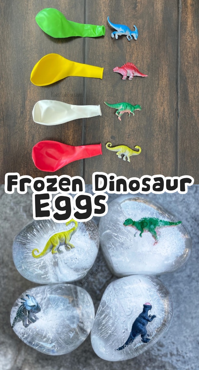Awesome summer time activity to do with kids with water balloons and plastic dinosaurs! These frozen dinosaurs are a backyard activity for kids of all ages-- toddlers to teens! They have so much fun hatching them from their shells. 