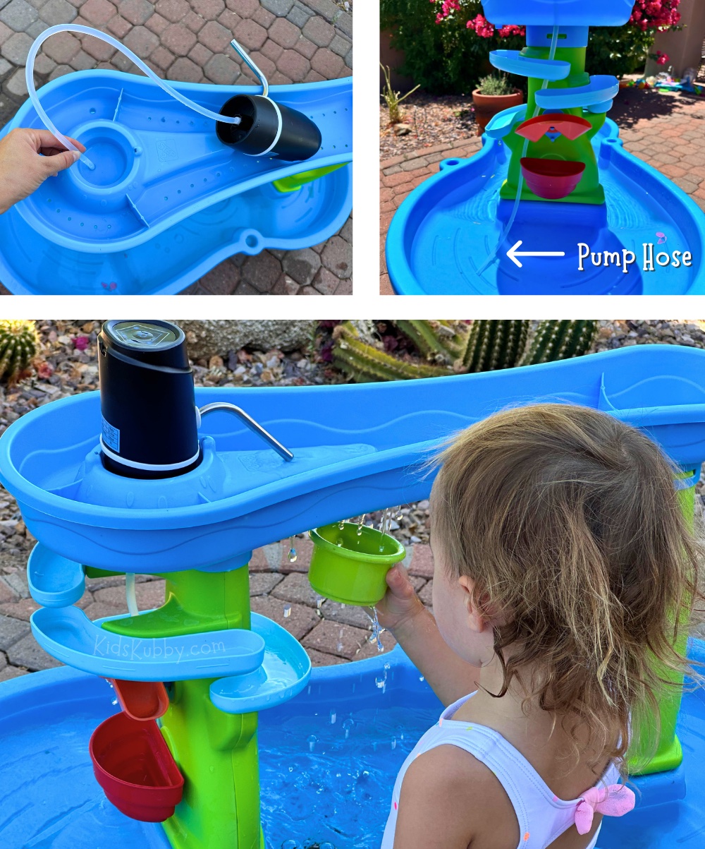 Are you looking for an easy way to create more summer fun for your kids? Try upgrading their water table with a cheap water pump from amazon. This water table hack takes less than 5 minutes and creates endless flowing water. My kids went wild when I showed them how to make constantly flowing water for their water table. I mean they played for hours! Talk about a mom win! Check out this summer hack today!