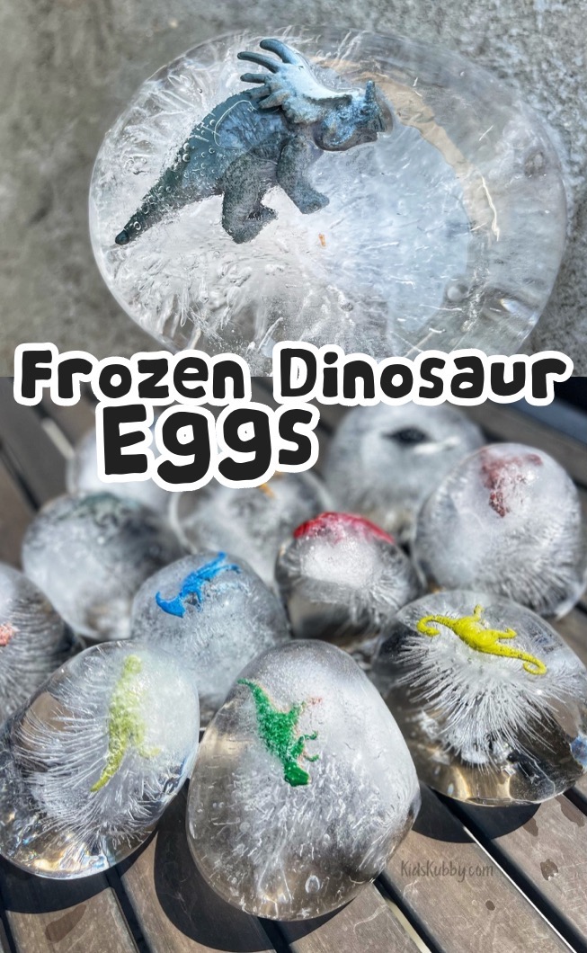 Frozen Dinosaur Eggs are an easy project to do with your kids outdoors using simple and cheap supplies from the dollar store. A great summer time boredom buster for kids of all ages! My 2 year old played with them for hours by the pool. 