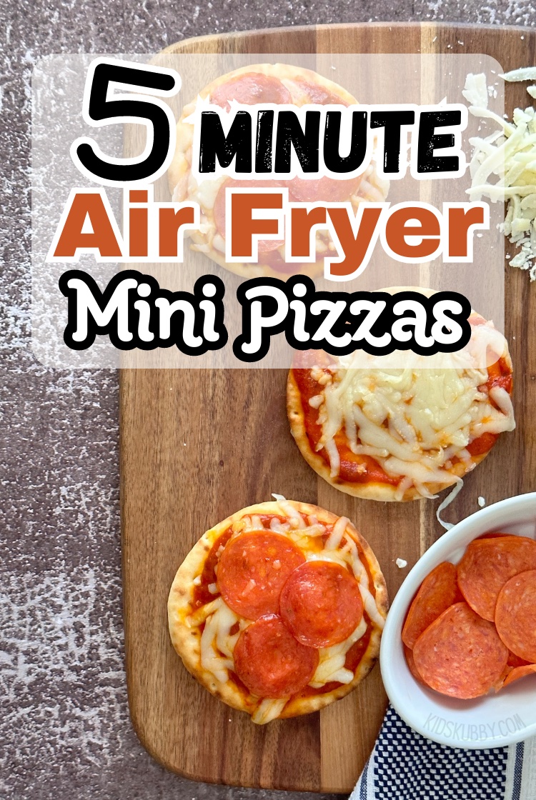 how to make mini pizzas in the air fryer. 5 minutes and 3 basic ingredients including naan rounds, shredded cheese, and a jar of pizza sauce. 