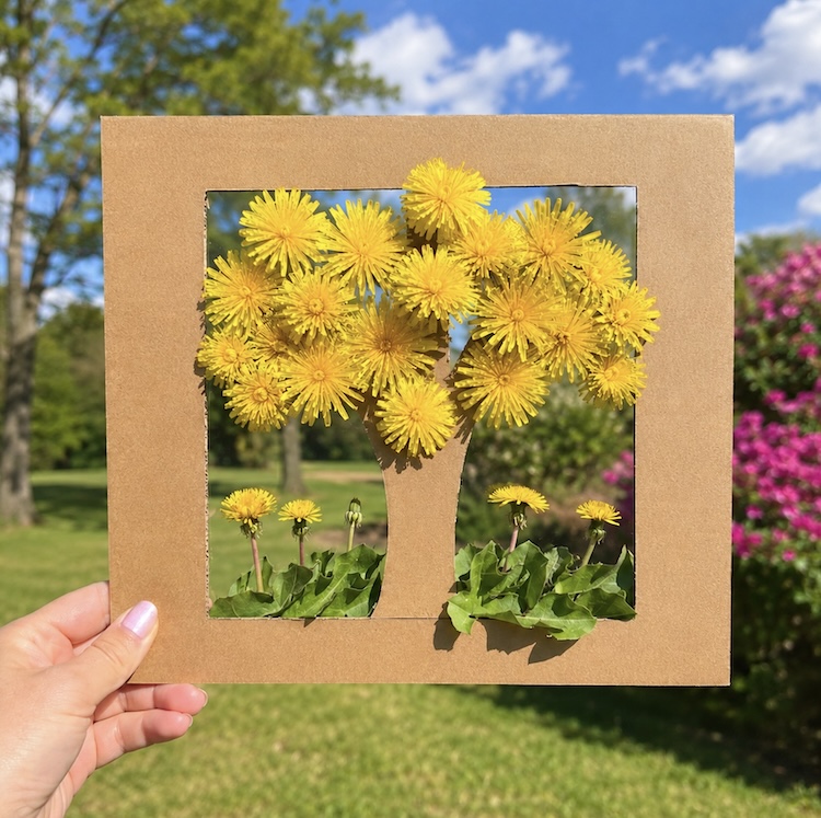 Easy DIY trees using cardboard, tape, and a nature hunt for flowers and leaves.